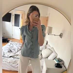 Gap Ruffle Denim Button Down  Shortsleeve Blouse Shirt Chambray S Cottagecore